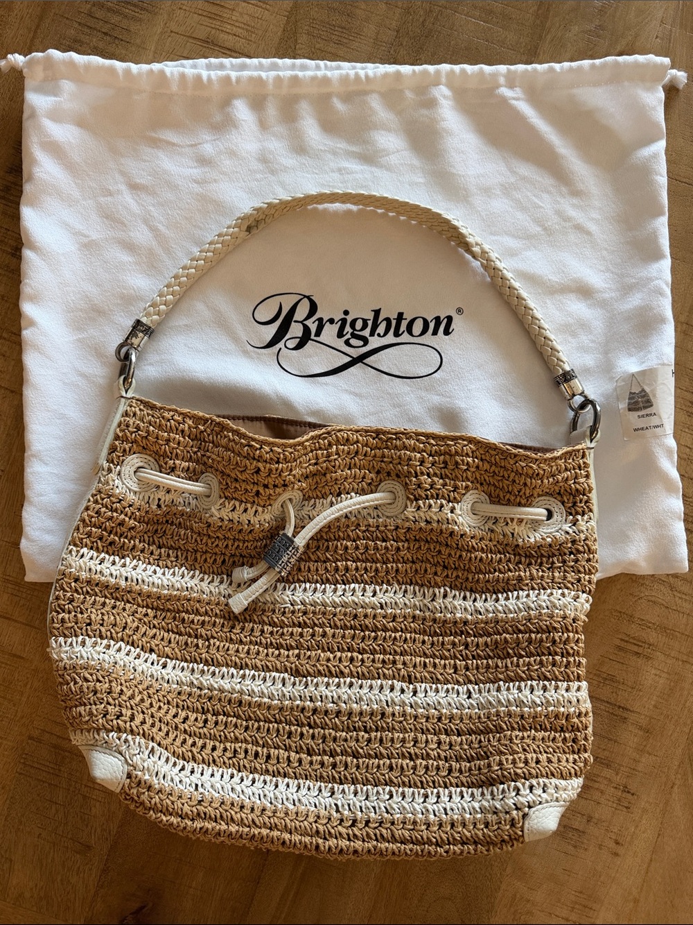 Brighton Sierra Tan and White Braided-Handle Straw Shoulder Bag